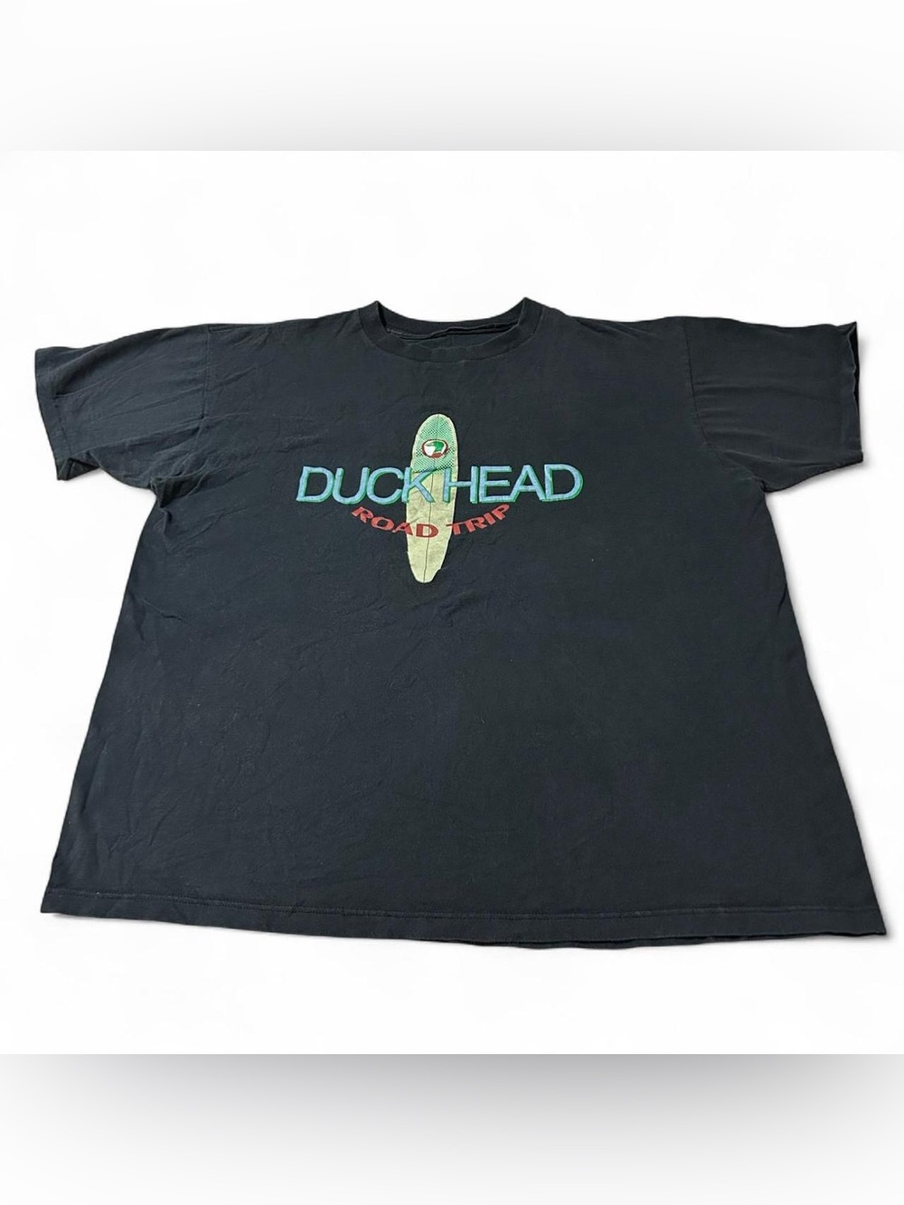 Vintage 90s Duck Head Road Trip Surf Faded Black Shirt Size XL